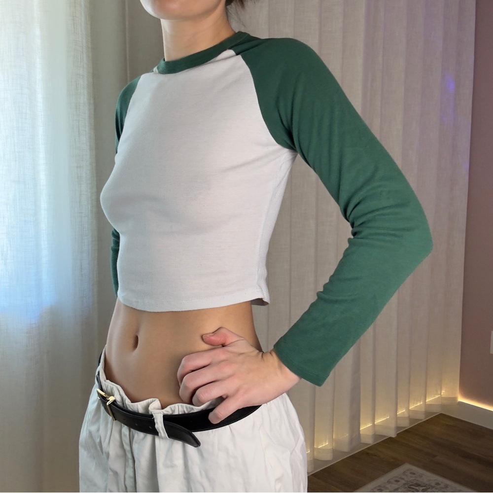 Green and White Long Sleeve Crop Top